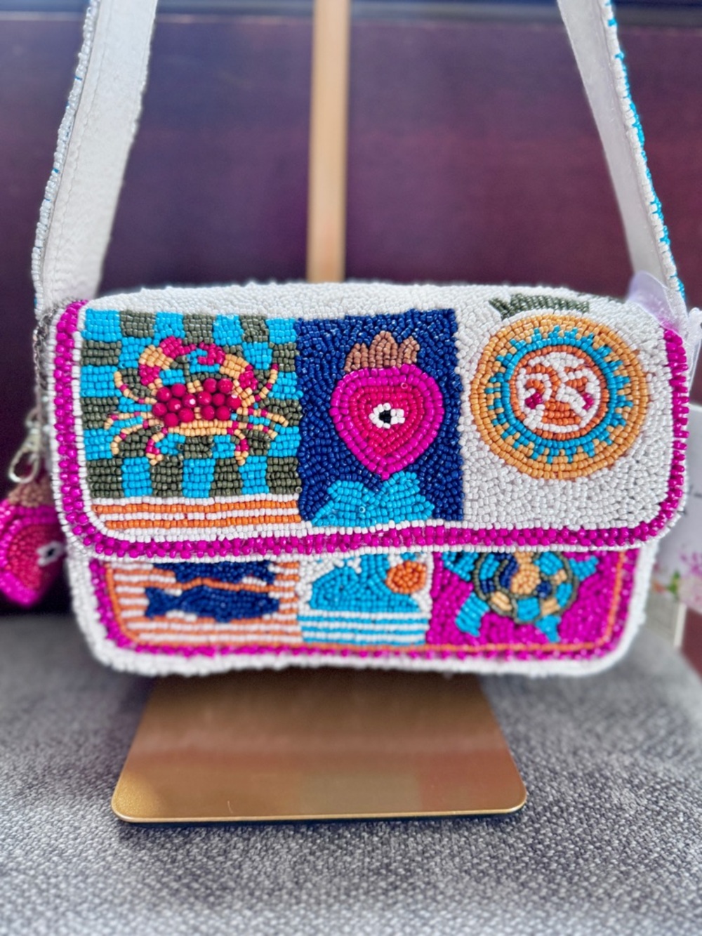 Coastal Beaded Shoulder Bag Crab Shell Beach Evil Eye Icons Matching Bag Charm